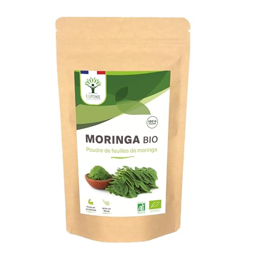 100% Feuille de Moringa Oleifera Bio - Bioptimal - En Poudre - Antioxydant Immunité Anti-Fatigue Cheveux - Vitamine A C E - Origine Kenya - Conditionné en France - Certifié Ecocert - 100 g