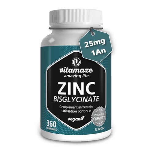 Zinc Bisglycinate 25 mg - Acné, Peau et Système immunitaire - 360 Comprimés pour 1 An - Vegan et Hautement Biodisponible - Complément Alimentaire Vegan Sans Additifs - fabriqué en Allemagne