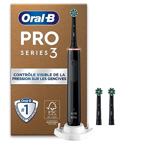 Oral-B Pro 3 Brosse À Dents Électrique Noire, Un Capteur De Pression Pour Protéger Les Gencives Sensibles, Des Accessoires, 3 Brossettes De Rechange, Douces Et Rondes, 1 Chargeur, Emballage En Carton