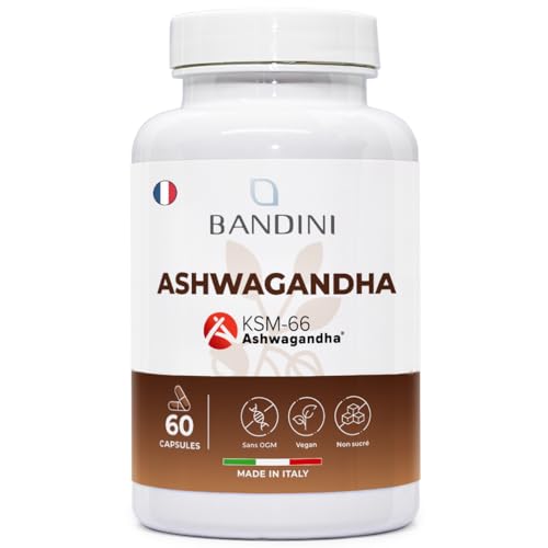 Bandini® Ashwagandha KSM-66® Vegan - Stress, Sommeil, Énergie, Bien-Être - Qualité KSM-66 Pure - Supplément naturel de Poudre Withania Somnifera (Ginseng indien) - Antioxydant naturel - 60 Capsules