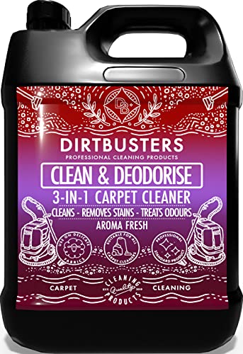 Dirtbusters Nettoyant Désodorisant Professionnel Concentré 3 en 1 pour Tapis/Tissus - Neutraliseur d’Odeur, aux Huiles Essentielles, Shampoing Idéal des Machines Lavant par Extraction, 5 litres