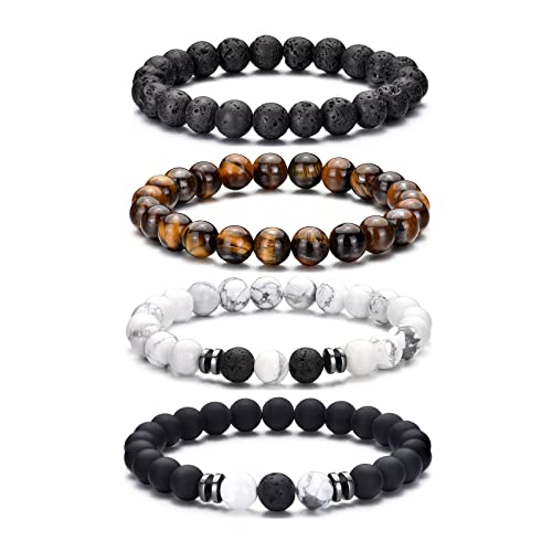 Bracelet œil de tigre pour hommes, ensemble de bracelets de perles en pierre naturelle de 8MM, bracelets extensibles en pierre de lave, réglables, en perles de cristal noir, cadeaux pour hommes