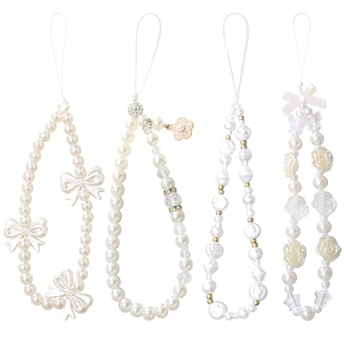 DKDDSSS Lot de 4 Dragonne de Téléphone en Perles, Bijoux De Telephone, Chaine Telephone Portable, Chaine De Telephone, Dragonne de Téléphone Portable Perlée pour Femmes Filles (Blanc)