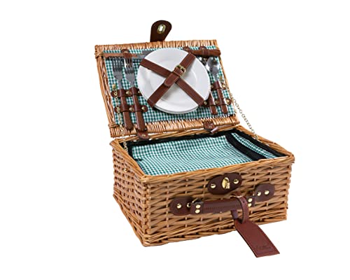 eGenuss Panier Pique-Nique en Osier pour 2 Personnes - Glacière, Couteau Multifonction, Couverts en Acier Inoxydable, Assiettes et Verres à Vin Inclus - Motif Vichy Vert