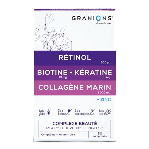 COLLAGENE MARIN GRANIONS | RETINOL + BIOTINE + KERATINE + ZINC - Collagene Complexe Beauté - Collagene pour Cheveux, Peau, Ongles- Collagene Marin Retinol + Vitamine B6 |60 comprimés|Marque Française