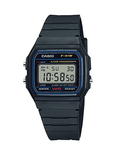 Casio Montre à Quartz Classique série F91W | Résistante à l'eau | Chronomètre 1/100 Seconde | Alarme Quotidienne | Signal horaire | Calendrier Automatique | Boîtier SS | Format 12/24 Heures, Noir, No