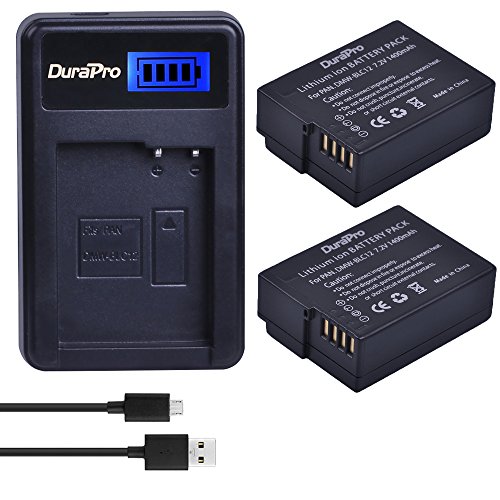 DuraPro DMW-BLC12 DMW-BLC12E Lot de 2 batteries + chargeur USB avec LCD pour appareils photo Panasonic Lumix DMC-FZ200, DMC-FZ1000, DMC-G5, DMC-G6, DMC-G7, DMC-GX8, DMC-G85, DMC-GH2