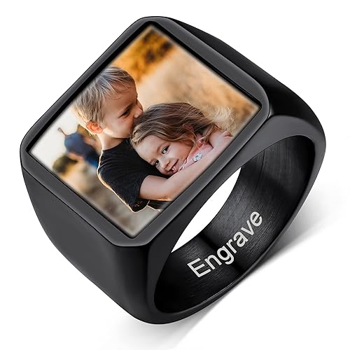 Custom4U Chevalière pour Homme avec Photo Personnalisable, Bague Personnalisé Prénom Acier Inoxydable Taille 54-72(Boîte Cadeau)