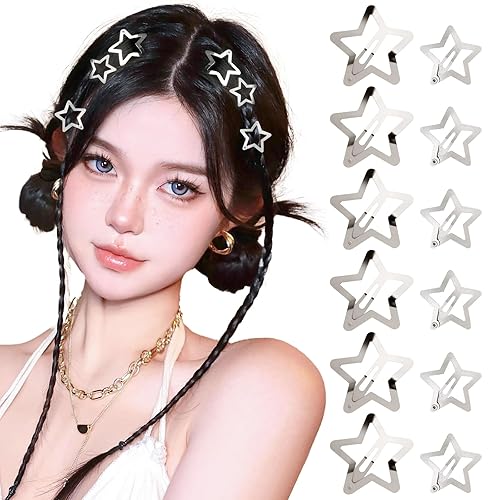 12pcs Barrettes Etoile Pinces cheveux à Pression Y2k Etoiles en Métal Argentée Anti-Dérapant pour Coiffure Femme Fille (argenté+ mat)