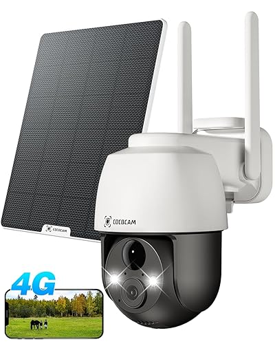 COCOCAM 3G/4G LTE Camera Surveillance Exterieur sans Fil, 2K Camera Solaire PTZ Camera 4G avec Carte SIM, Détection Humaine PIR, Reconnaissance AI, Batterie 10000 mAh, Cloud/TF, Fonctionne avec Alexa