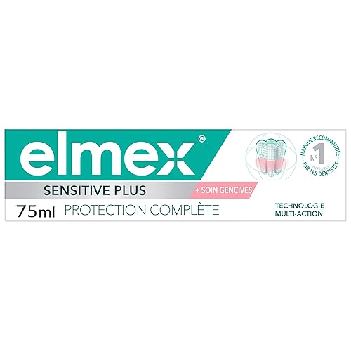 Dentifrice elmex Sensitive Plus Protection Complète 75ml , Aide à protèger contre les dents sensibles et l'irritation des gencives ,reminéralise l'émail , anti-tartre