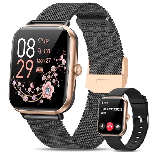 RUXINGX Montre Connectée Femme avec Appel Bluetooth, 1.83” Smartwatch avec Fonction Féminine Sommeil Fréquence Cardiaque SpO2 20+ Modes Sportifs Podometre IP68 Calories Android iOS Or Noir, Cadeau