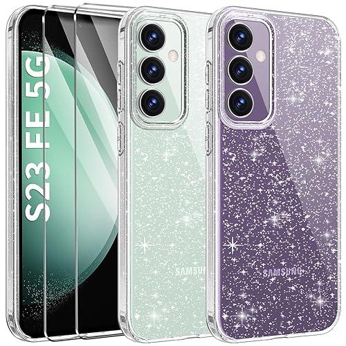 AROYI 3 en 1 Coque Compatible avec Samsung Galaxy S23 FE 5G Glitter avec 2 Tempered Glass Étui Samsung Galaxy S23 FE Silicone Antichoc Anti-Rayures Housse Glitter Shines Shockproof Bumper Case Sparkle