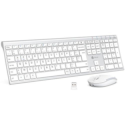 Clavier Souris sans Fil, iClever 2,4GHz Clavier Silencieux avec Pavé Numérique, Ultra-Fin, USB-C Batterie Longue Durée, pour Windows, PC, Laptop, Computer AZERTY Français- Blanc Argent