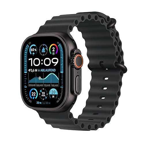 Apple Watch Ultra 2 (GPS + Cellular 49 mm) Smartwatch, Sportuhr mit Titangehäuse in Schwarz und Ocean Armband in Schwarz (One Size). Fitnesstracker, präzises GPS, extra lange Batterielaufzeit