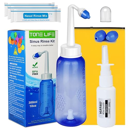 3 Sachets Sel Nasal +300ml Bouteille pot Neti-Lavage Nez/Irrigation Nasale/Neti Pot/Douche Nasale -Sac étanche, bouteille de pulvérisation