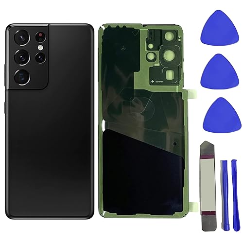 Coque arrière en verre de rechange pour Samsung Galaxy S21 Ultra 5G G998 avec lentille en verre d'appareil photo, ruban adhésif pré-installé + outils (noir fantôme)