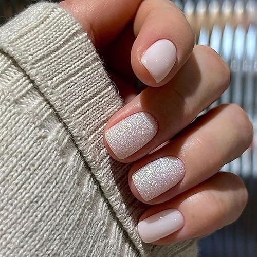 Ceboic 24 Pièces Faux Ongles Français Carré Court Ongles à Coller, Blanc Brillant Français Press on Nails avec Dessin, Acrylique Pleine Couverture Bâton sur Ongles pour Femme et Fille Nail Art