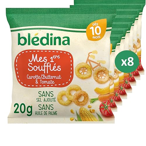 BLÉDINA - Mes 1ers Soufflés - Carotte Butternut et Tomate - Sans Gluten et sans Sel Ajouté - dès 10 Mois - 8 x 20 g