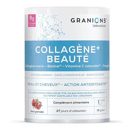 COLLAGENE +BEAUTE GRANIONS - Collagene Marin Poudre - Collagene et Acide Hyaluronique - Collagene Marin + Vitamine C + Biotine + Onagre - Beauté Peau et Cheveux - Saveur Grenade- Collagene Poudre 275g