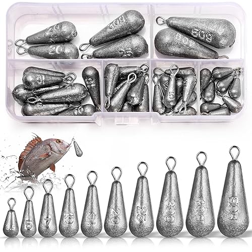 Annyswit 40 Pièces Petits Poids de Pêche Mixtes 10 Tailles 3.5g 5g 7g 10g 15g 20g 25g 30g 40g 50g Poids de Plombs de Pêche en Fer avec Émerillon pour Pêche en Eaux Profondes & Flottante & en Mer