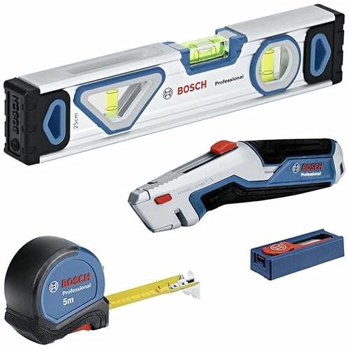 Bosch Professional set d'outils à main professionnels (niveau à bulle de 25 cm, mètre ruban de 5 m, couteau universel à lame extractible avec set de 10 lames de rechange) 1600A027M3