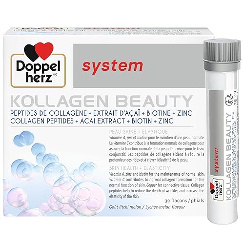 Doppelherz – Kollagen Beauty – Peptides de collagène pour une peau saine et plus élastique – Extrait d'Açaï, Biotine et Zinc – Goût litchi-melon – 30 flacons de 25ml