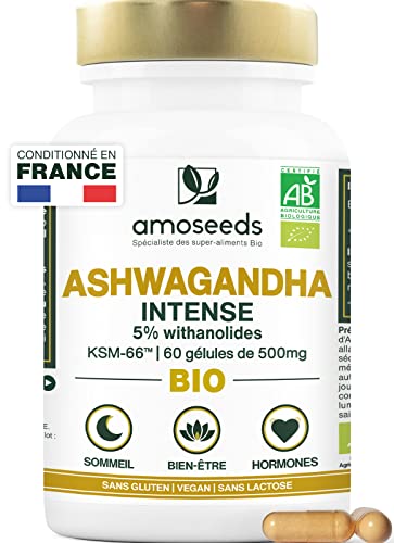 Ashwagandha BIO Breveté KSM-66™ | Extra Fort : 5% withanolides | Stress, Sommeil, Énergie, Bien-Être | 60 gélules vegan de 500mg | Qualité Supérieure