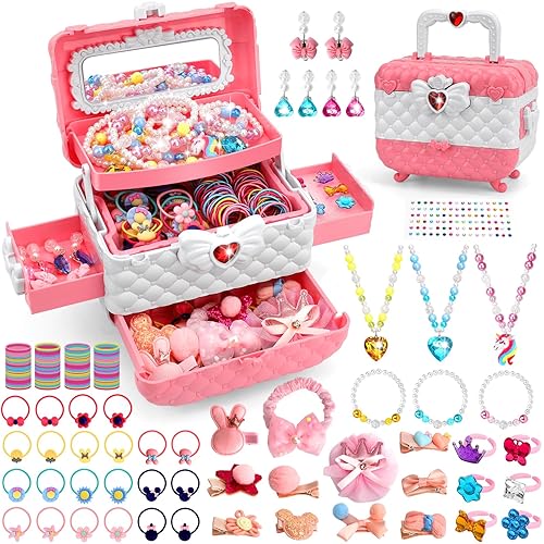 Bijoux Filles Jouet pour Fille Enfant 3 4 5 6 7 8 9 10, Set Bijoux pour Princesse avec Pinces à Cheveux & Attaches Cheveux, Jeux d'habillage Fille, Cadeaux Anniversaire Noël pour Filles 3-12 Ans