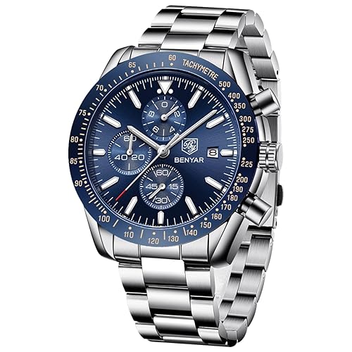 BENYAR Montre Homme Chronographe Analogique Quartz Etanche Lumineuses Date Grand Cadran Classique Mode Affaires Montres Bracelet en Cuir/Acier Inoxydable Cadeau élégant pour Hommes