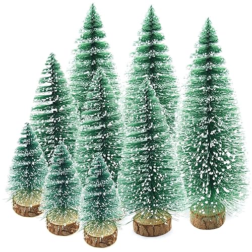 AOKITO 9 Pièces Mini Sapin de Noël, Arbre de Noël Artificiel Mini Sisal avec Bases en Bois, 10/15/20cm, Mminiature Arbre de Noël Artificiel pour Décoration Noël, Chambre, DIY, Table, Vitrines, Cadeau