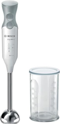 Bosch, mixeur plongeant, ErgoMixx, moteur 600 watts, variateur de vitesse, système de mixage QuattroBlade, accessoires inclus, blanc/gris, MSM66110