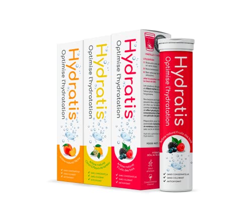 HYDRATIS - Pastilles Effervescentes avec Electrolytes - Citron/Fleur Sureau+Fruits des Bois+Pêche - Optimise l'Hydratation - Riche en Minéraux - Faible en Sucre - Sport, Récupération - 60 Pastilles