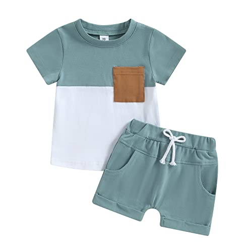 Carolilly Ensemble Vêtement Bébé Garçon Eté de 2 Pcs, T-Shirt à Manches Courtes à Rayures avec Poche + Shorts Taille Elastique avec Poches