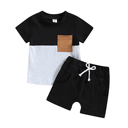 Carolilly Ensemble Vêtement Bébé Garçon Eté de 2 Pcs, T-Shirt à Manches Courtes à Rayures avec Poche + Shorts Taille Elastique avec Poches