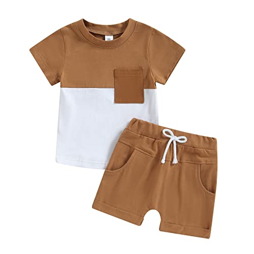 Carolilly Ensemble Vêtement Bébé Garçon Eté de 2 Pcs, T-Shirt à Manches Courtes à Rayures avec Poche + Shorts Taille Elastique avec Poches