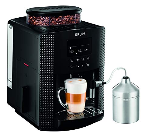 Krups Essential Machine à café à grain, Broyeur à grain, Cafetière Expresso, Ecran LCD, Nettoyage automatique, Buse vapeur, Pot à lait inox pour Cappuccino EA816031