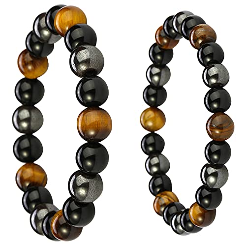 KRISFD Bracelet Triple Protection 2 Pièces Bracelet Obsidienne Noire Pierre Oeil De Tigre Hématite Noire 8 Mm, 10 Mm pour Hommes Et Femmes Cadeau, 10 mm, Métal, 10 mm, Métal