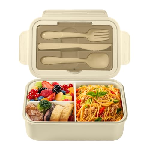 Diboniur Lunch Box, Bento Lunch Box Enfant Adulte Boîte 1400 ml avec 3 Compartiments, Anti-Fuite Lunchbox avec Couverts, Convient pour Micro-onde Lave-vaisselle, École Pique-Nique Travail (Kaki)